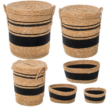 Set 6 Seagrass Baskets And Black Cotton Ø42x48+ø37x43+ø32x38+33x23x16+28x18x14+23x16x12cm
