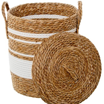 Set 6 Seagrass Baskets And White Cotton Ø42x48+ø37x43+ø32x38+33x23x16+28x18x14+23x16x12cm