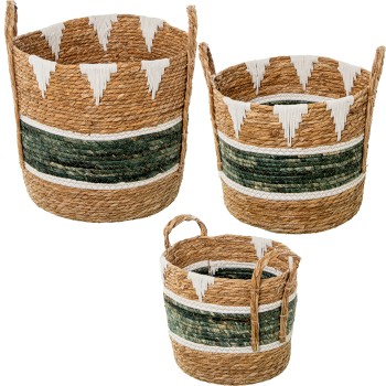Set 3 Natural/green Seagrass Baskets+ White Cotton Ø38x37+ø34x31+ø29x26cm