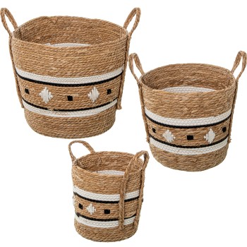 Set 3 Natural Seagrass Baskets+ White/black Cotton Ø36x35+ø32x29+ø27x26cm
