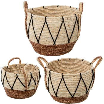 Set 3 White/natural Seagrass Baskets+black Cotton Ø32x35+ø28x22+ø23x18cm