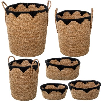 Set 6 Natural Seagrass Baskets+ Black Cotton Ø40x47+ø34x42+ø28x37+34x25x16+28x22x14+23x19x11cm