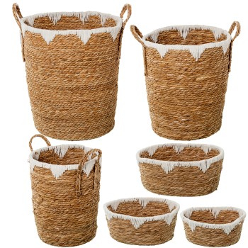 Set 6 Natural Seagrass Baskets+ White Cotton Ø40x47+ø34x42+ø28x37+34x25x16+28x22x14+23x19x11cm