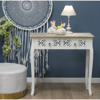 White Wooden 2 Carved Drawers Console Table- 80x35x76cm, Abeto+pino+dm